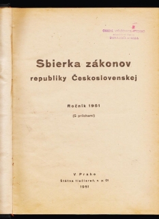 Kolektív: Sbierka zákonov republiky Československej. Ročník 1951
